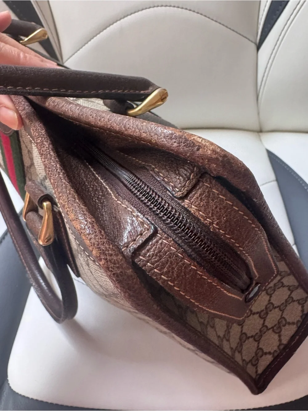 Gucci GG Canvas Briefcase with Green and Red Web Stripe